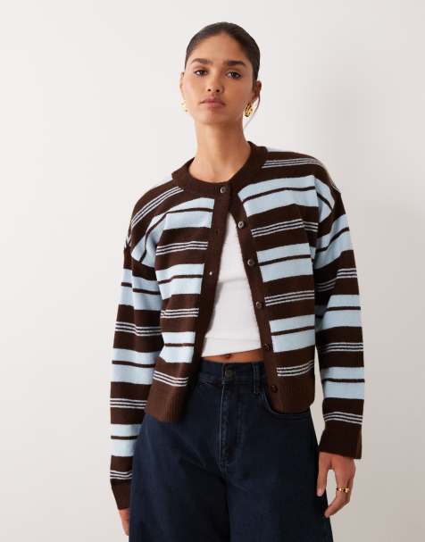 ASOS DESIGN – Flauschige Strickjacke in Braun und Blau gestreift - view 1