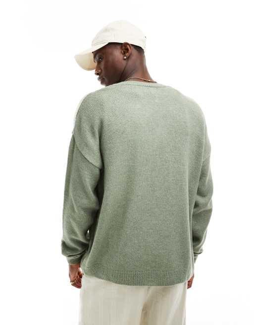 ASOS DESIGN – Flauschige Strickjacke in Salbeigrün mit Rundhalsausschnitt und lockerem Schnitt, 4 von 4