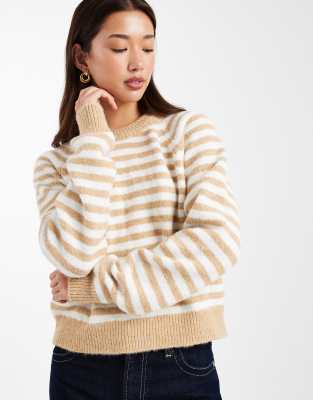 ASOS DESIGN - Flauschiger, gestreifter Pullover in Beige und Weiß-Bunt
