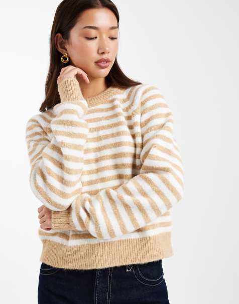 ASOS DESIGN – Flauschiger, gestreifter Pullover in Beige und Weiß - view 1