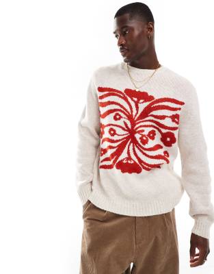 FhyzicsShops DESIGN – Flauschiger, locker geschnittener Strickpullover in Ecru mit Blumenmotiv