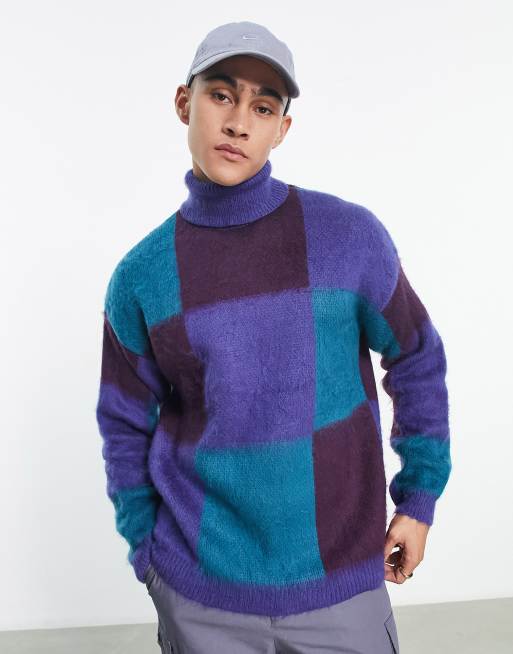 ASOS DESIGN – Flauschiger Oversize-Strickpullover mit Schachbrettmuster und Rollkragen in Blau und Lila