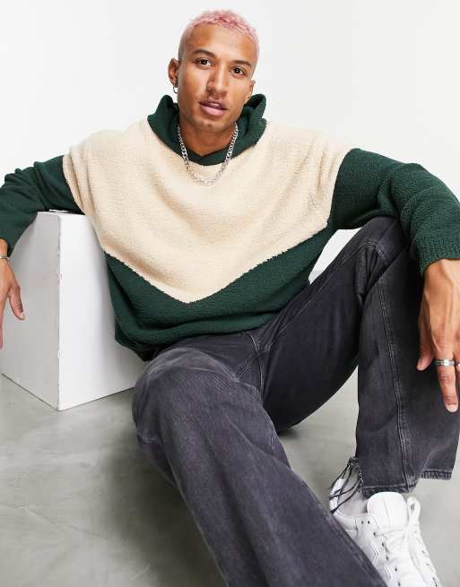 ASOS DESIGN – Flauschiger Oversized-Kapuzenpullover in Beige und Dunkelgrün