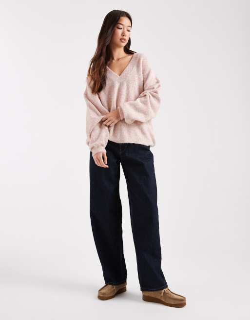 ASOS DESIGN – Flauschiger Pullover in meliertem Rosa mit tiefem V-Ausschnitt, 3 von 4