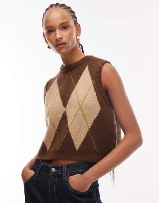 ASOS DESIGN - Flauschiger Pullunder aus Strick in Olivgrün mit Rautenmuster-Bunt