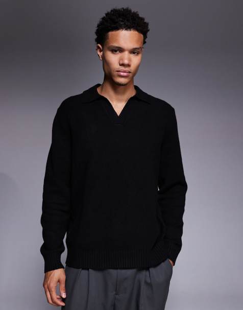 ASOS DESIGN – Flauschiger Relaxed-Fit-Strickpullover in Schwarz mit eingekerbtem Polokragen - view 1