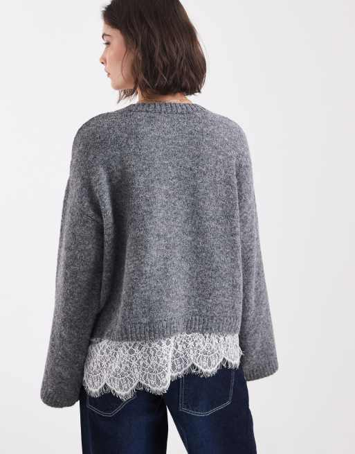 ASOS DESIGN – Flauschiger Strickpullover in Anthrazit mit weiten Ärmeln und Spitzensaum, 3 von 4