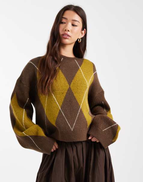 ASOS DESIGN – Flauschiger Strickpullover in Braun mit Argyle-Muster - view 1
