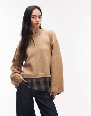 ASOS DESIGN - Flauschiger Strickpullover in Braun mit weiten Ärmeln und kariertem Saum-Brown