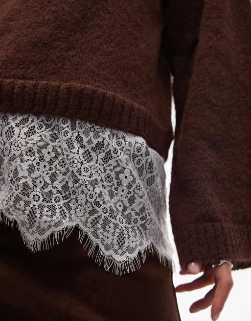 ASOS DESIGN – Flauschiger Strickpullover in Braun mit weiten Ärmeln und Spitzensaum, 3 von 4