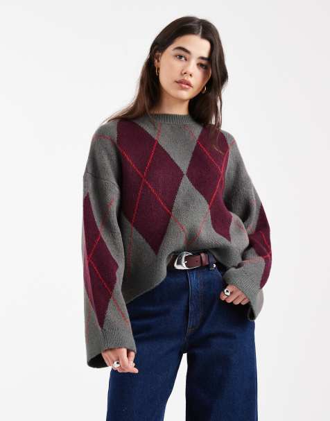 ASOS DESIGN – Flauschiger Strickpullover in Grau mit Argyle-Muster - view 1