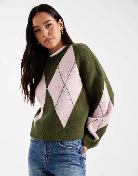 ASOS DESIGN – Flauschiger Strickpullover in Khaki mit Rautenmuster - view 1