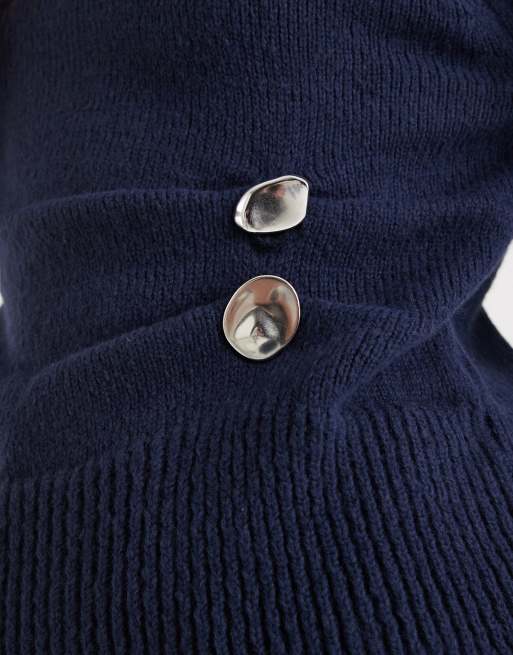 ASOS DESIGN – Flauschiger Strickpullover in Marineblau mit Metalldetail, 3 von 4