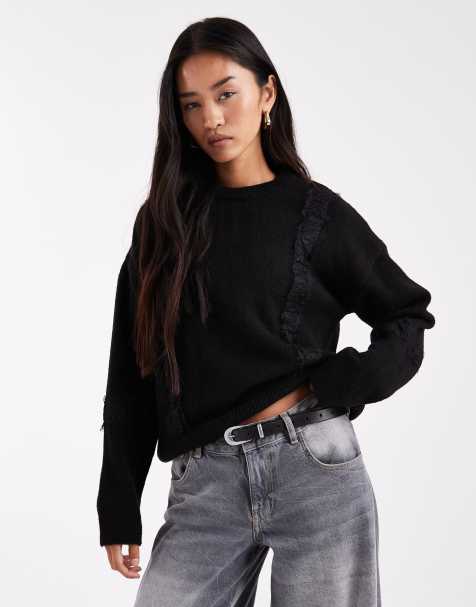 ASOS DESIGN – Flauschiger Strickpullover in Schwarz mit weiten Ärmeln und Spitze - view 1