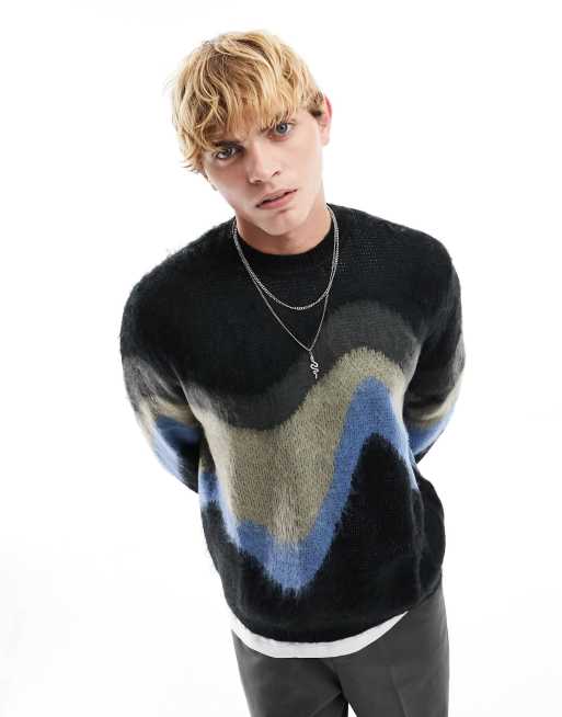 ASOS DESIGN – Flauschiger Strickpullover mit lockerem Schnitt und welligem Muster in Blau