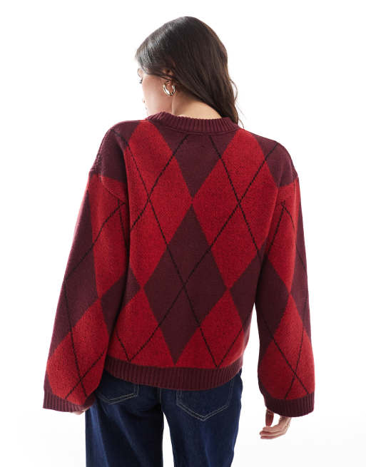 ASOS DESIGN – Flauschiger Strickpullover mit Rautenmuster in Rot und Burgunderrot, 2 von 4
