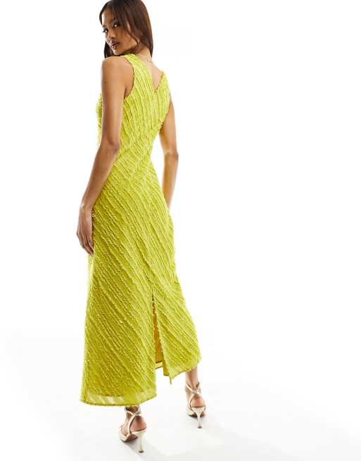 ASOS Design – Flauschiges, ärmelloses Midikleid in Chartreuse mit Schrägschnitt und Streifen, 3 von 4