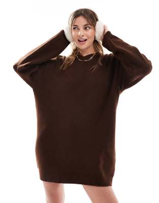 Thumbnail - ASOS DESIGN - Flauschiges Strickkleid in Schokobraun mit V-Ausschnitt