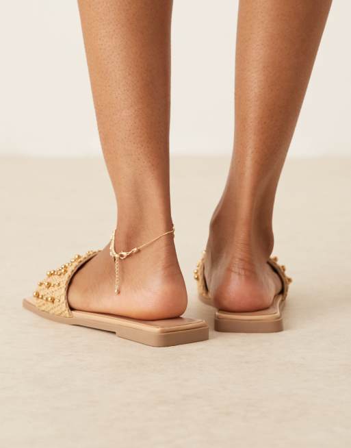 ASOS DESIGN Flavia beaded espadrille flat sandals in natural/gold