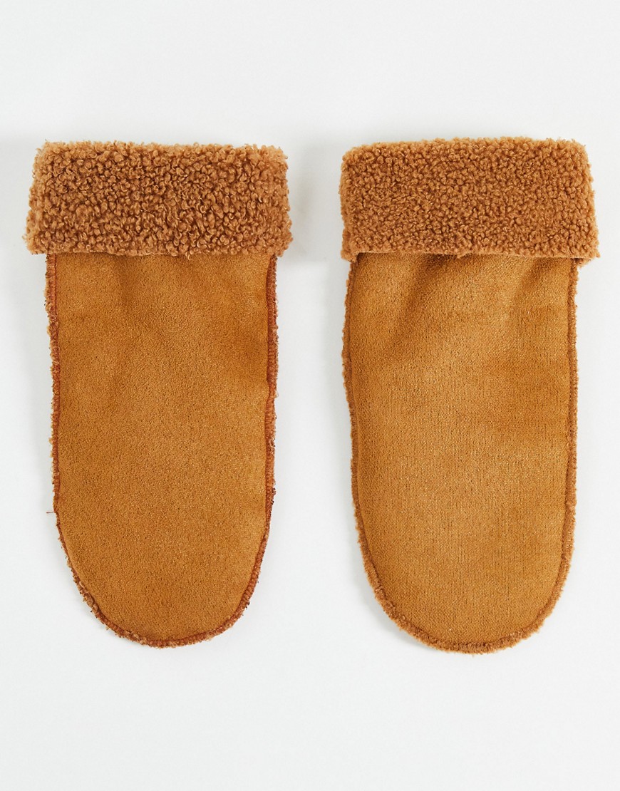 ASOS DESIGN fleece and suedette mittens in brown