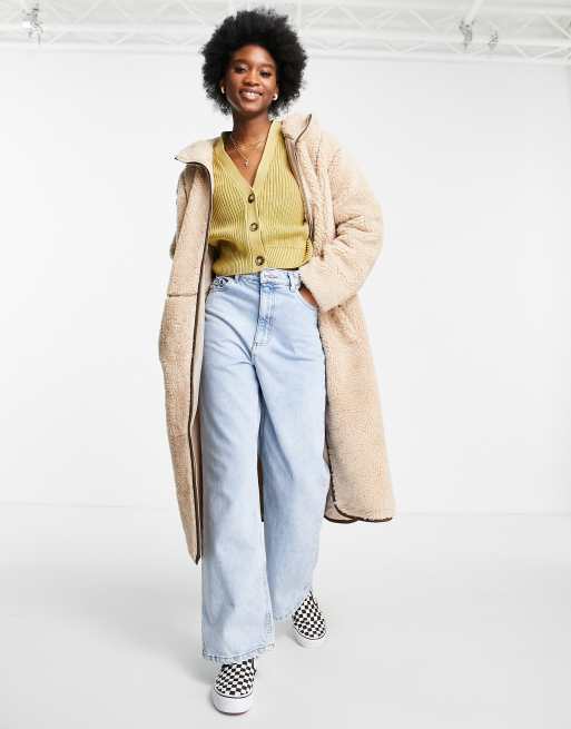 ASOS DESIGN fleece coat with contrast stitching in camel