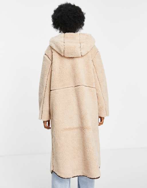 ASOS DESIGN fleece coat with contrast stitching in camel