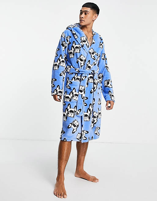 Men fleece dressing gown with dog novelty print 