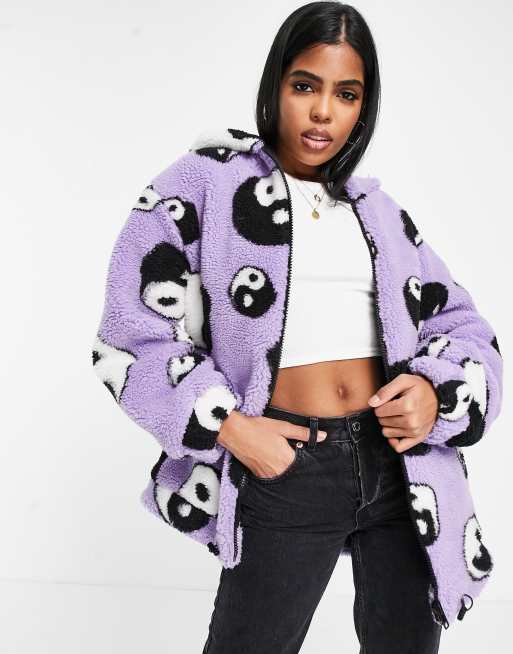 ASOS DESIGN - Fleece jack met yin yang-print in lila