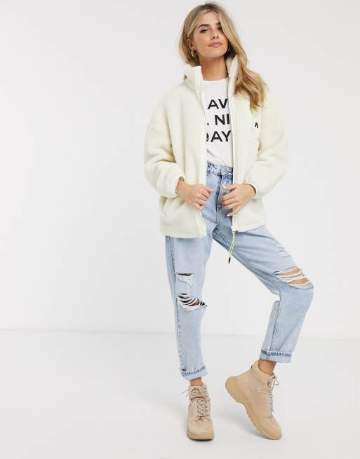 ASOS DESIGN teddy fleece oversized jacket with pocket in beige