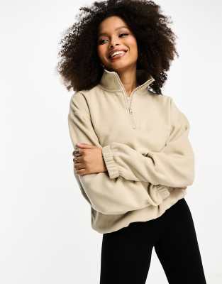 ASOS DESIGN - Fleece-Oberteil in Stone mit halblangem Reißverschluss-Neutral