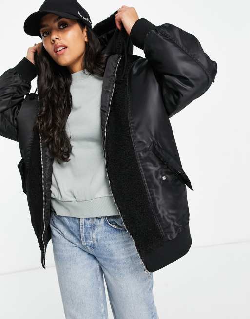 ASOS DESIGN fleece patched bomber jacket in black | ASOS