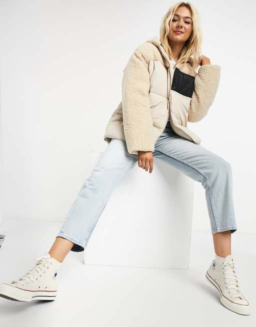 ASOS DESIGN fleece patched puffer jacket in cream | ASOS