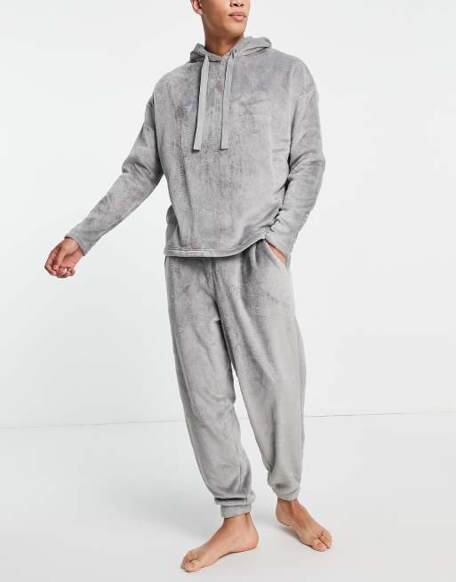 ASOS DESIGN - Fleece pyjamaset met hoodie en joggingbroek in grijs