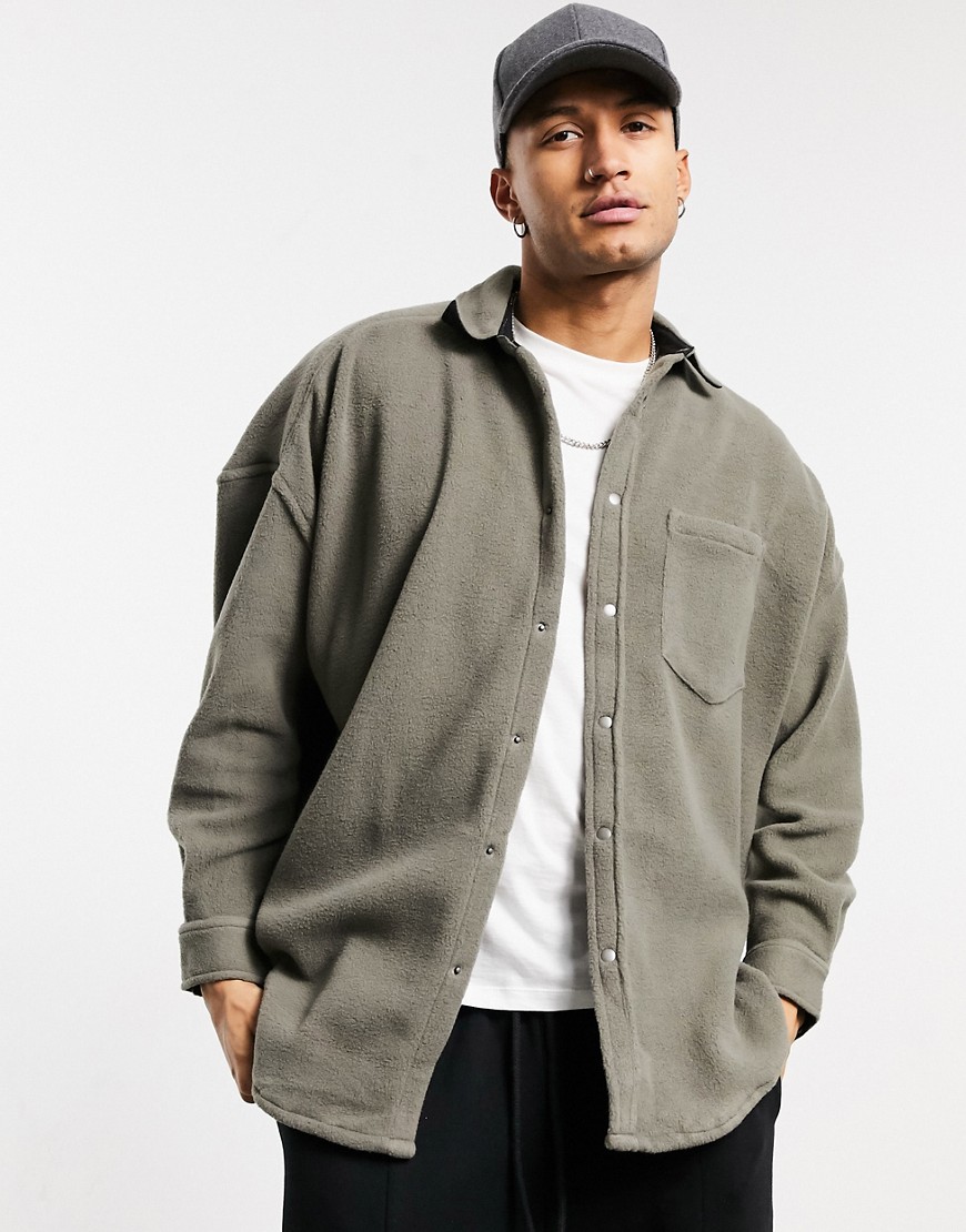 ASOS DESIGN fleece volume overshirt in gray-Grey