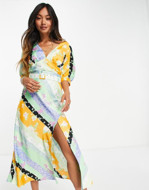 ASOS DESIGN – Flerfärgad, blommig klänning i midilängd med skärp, 4 av 4