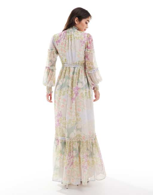 ASOS DESIGN – Flerfärgad, blommig maxiklänning med hög krage, smock och volangkanter, 4 av 4