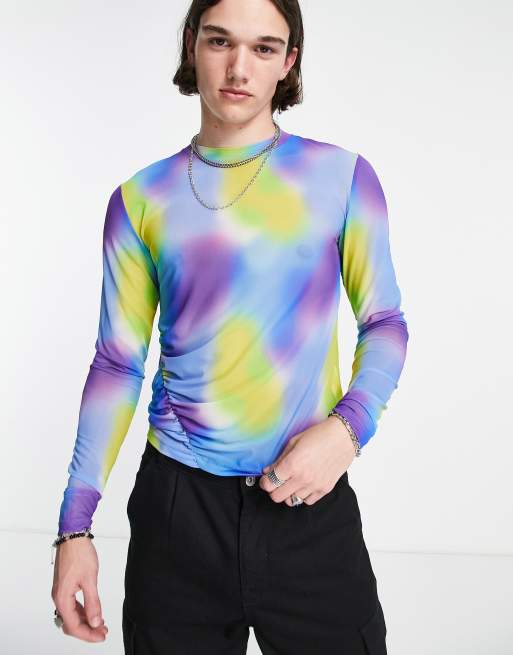 ASOS DESIGN – Flerfärgad långärmad t-shirt av mönstrad mesh i muscle fit - MULTI - MULTI