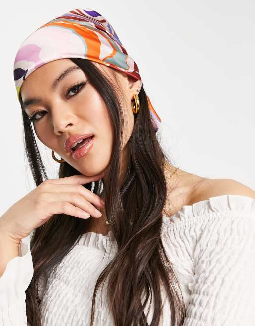 ASOS DESIGN – Flerfärgad medelstor hårsjal i polysatin med virvelmönster - MULTI, 3 av 4