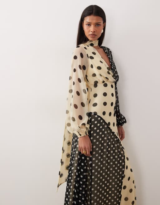 ASOS DESIGN – Flerfärgad, prickig maxiklänning med draperad ringning och scarfdetalj, 3 av 4