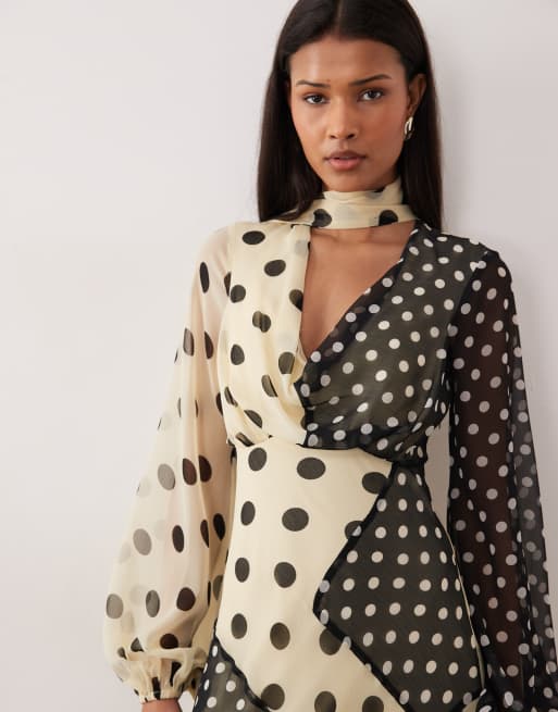ASOS DESIGN – Flerfärgad, prickig maxiklänning med draperad ringning och scarfdetalj, 4 av 4