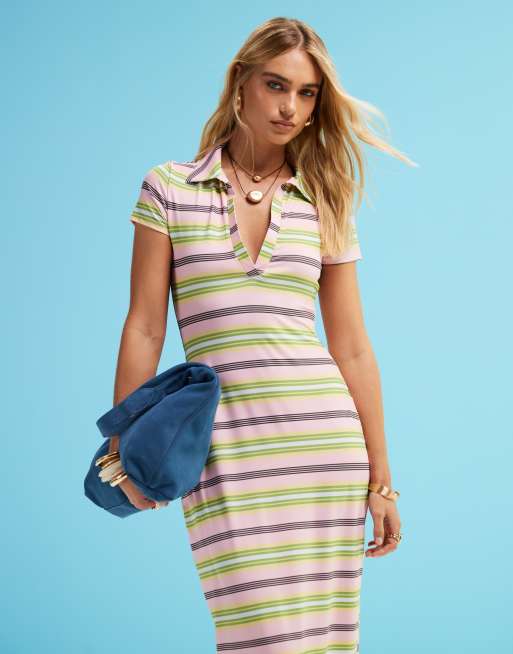 ASOS DESIGN – Flerfärgad, randig midiklänning med pikékrage och korta ärmar, 3 av 4