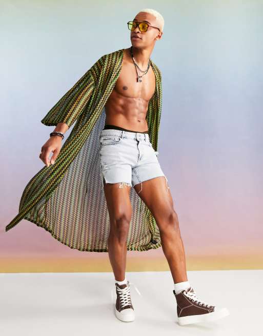 ASOS DESIGN – Flerfärgad, randig och virkad kimono i lång modell