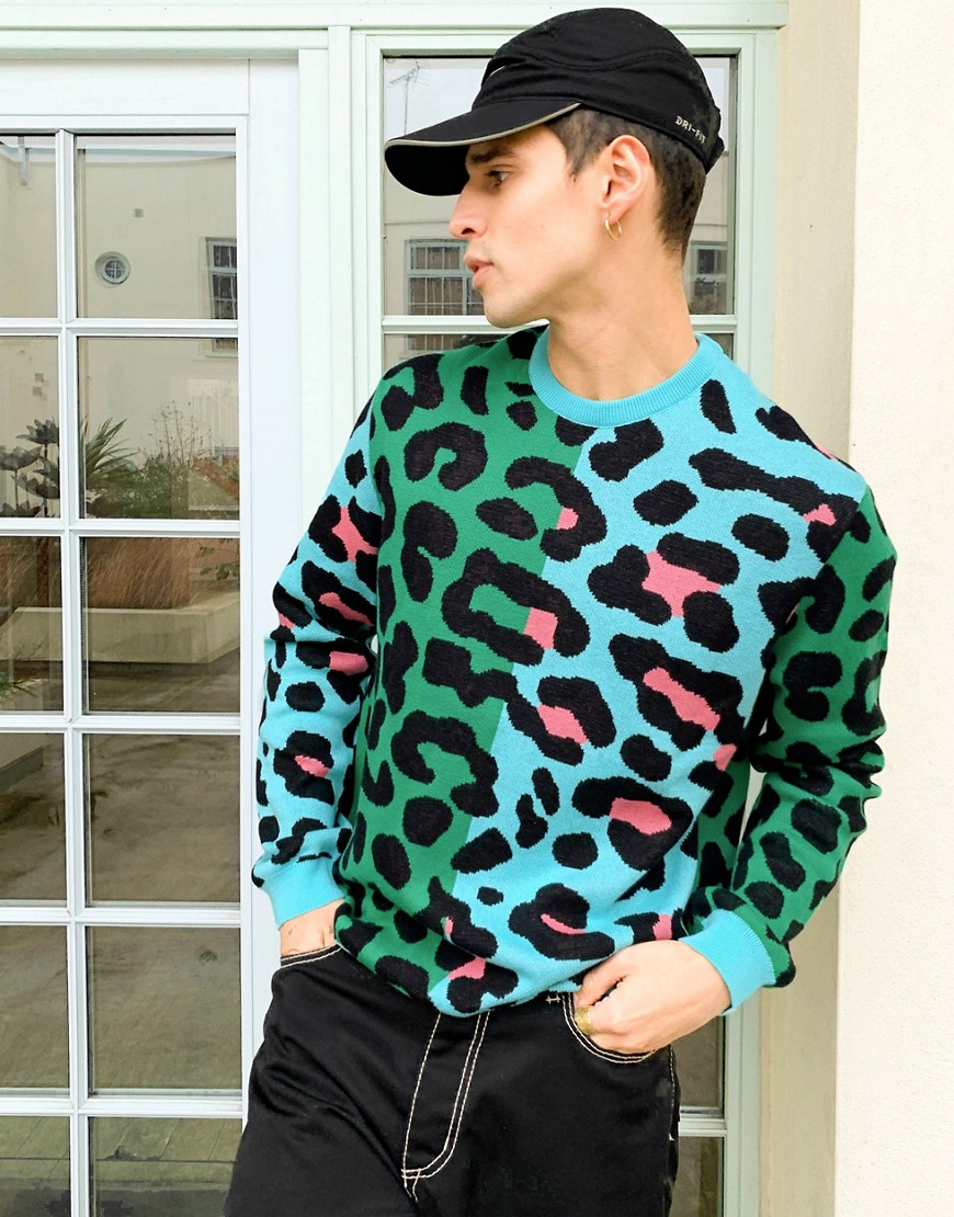 ASOS DESIGN – Flerfärgad stickad tröja i oversize med leopardmönster-Flera färger