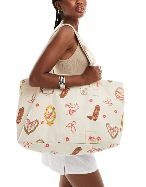 ASOS DESIGN – Flerfärgad toteväska i canvas med cowboytryck
