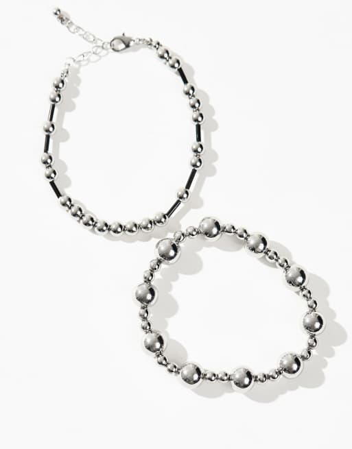 ASOS DESIGN – Flerfärgade armband i svart och silver med pärlor, 2-pack, 3 av 3