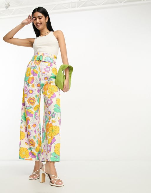 ASOS DESIGN – Flerfärgade, blommiga byxor av linnemix i oversize med vida ben