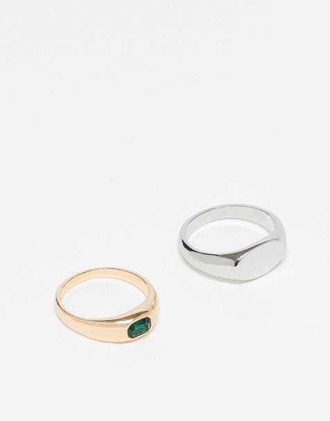 ASOS DESIGN – Flerfärgade klackringar i mixade metaller med imiterad smaragd, 2-pack - view 1