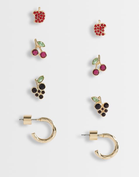 ASOS DESIGN – Flerfärgade stiftörhängen med fruktdesign i strass, i flerpack - view 1
