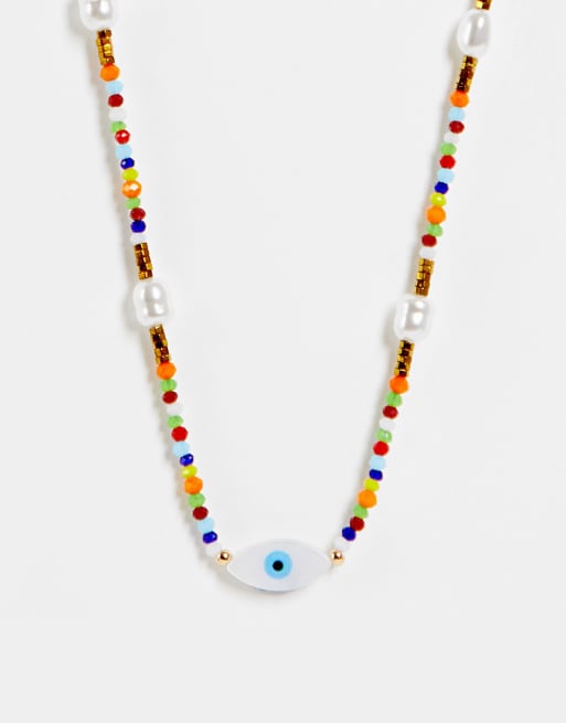ASOS DESIGN – Flerfärgat pärlhalsband med ögonpärla