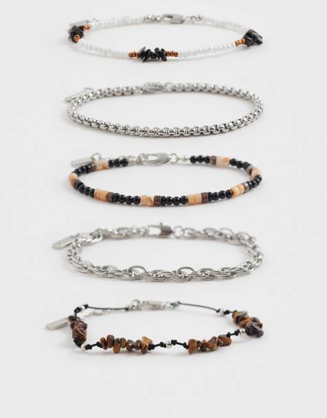 ASOS DESIGN - Flerfarvede armbånd med perler og stykker af halvædelstenene tigerøje og obsidian i pakke med 5 stks - view 1